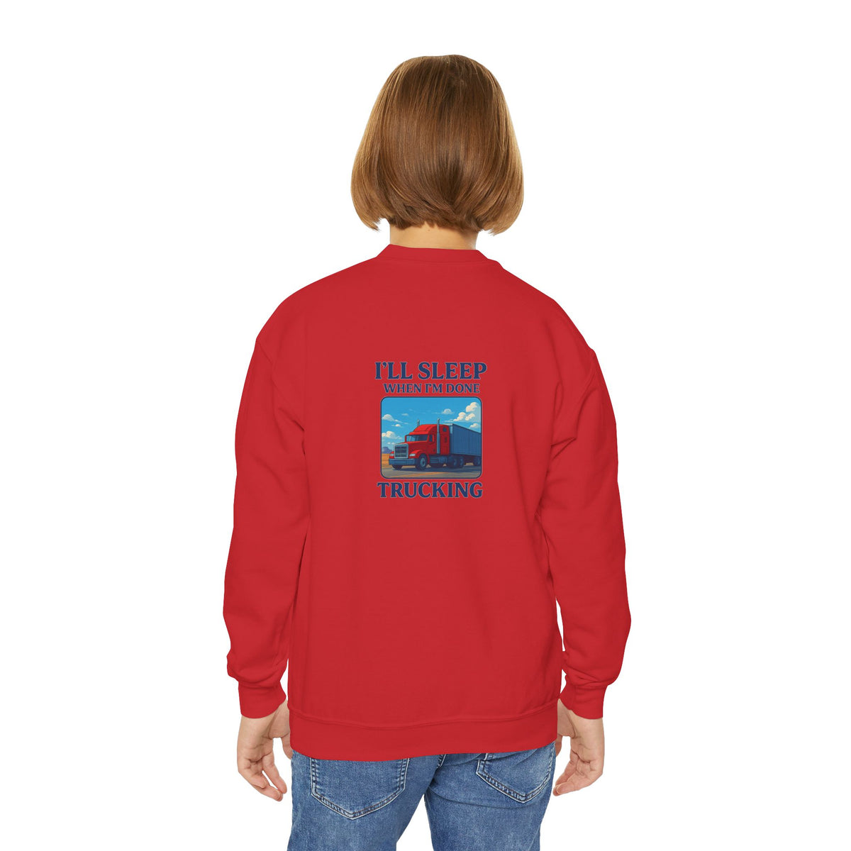 White youth crewneck sweatshirt from Printify with "I'll Sleep When I'm Done Trucking" graphic, perfect for kids' casual wear.