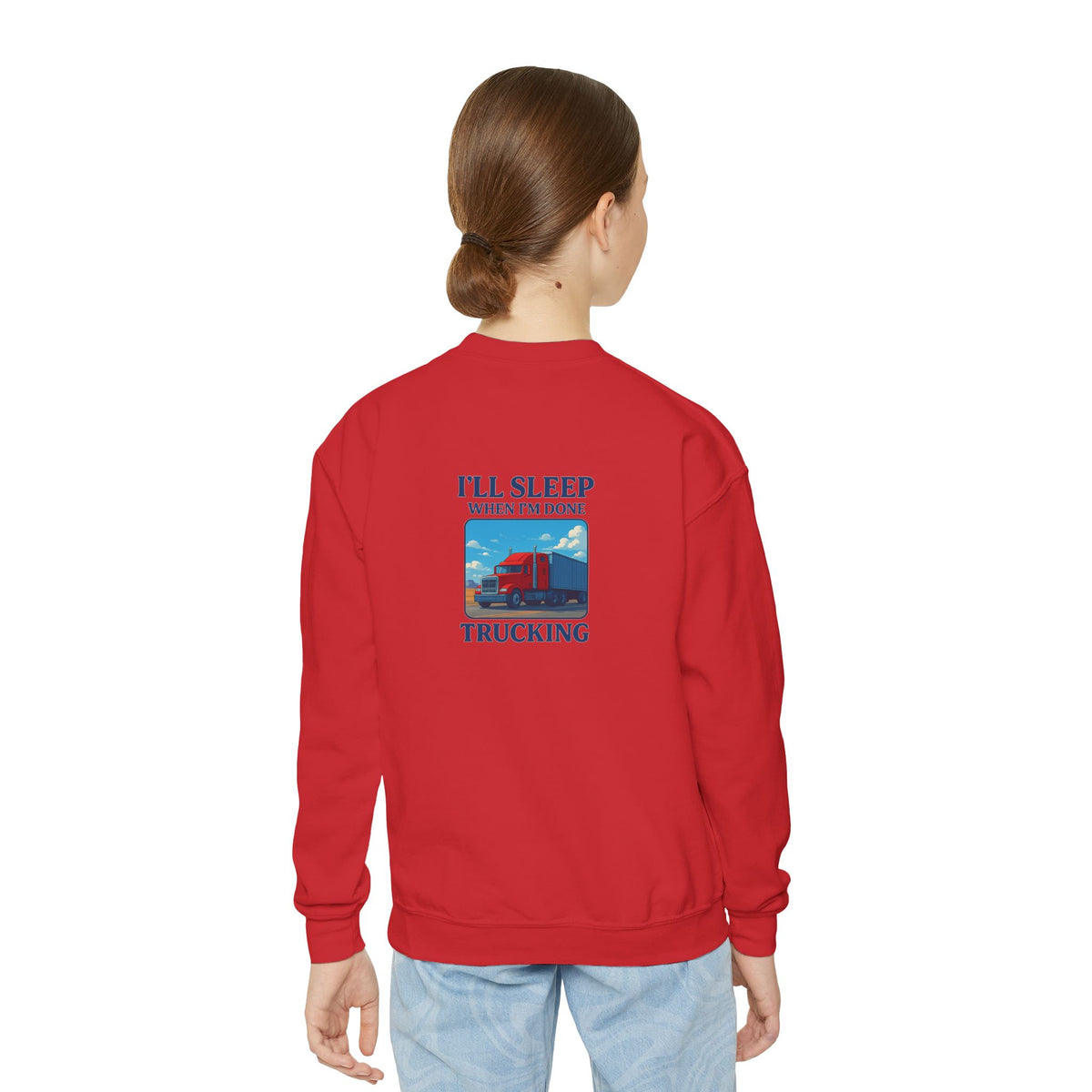 White youth crewneck sweatshirt by Printify with "I'll Sleep When I'm Done Trucking" design, perfect for kids' casual wear.