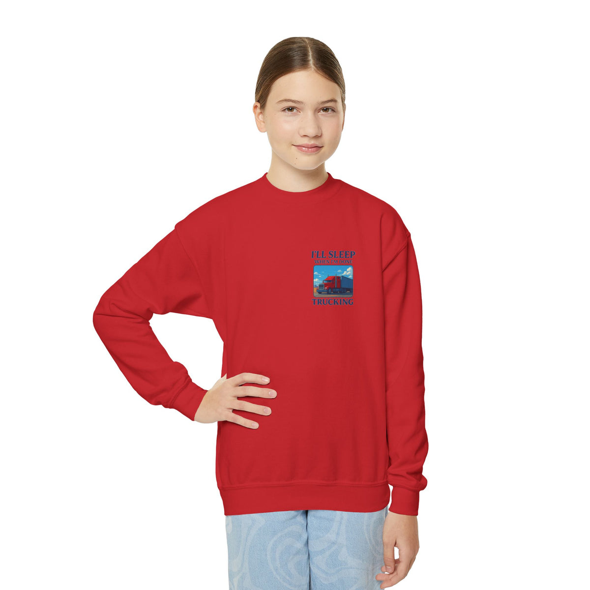White youth crewneck sweatshirt by Printify featuring the "I'll Sleep When I'm Done Trucking" design, perfect for kids' casual wear.