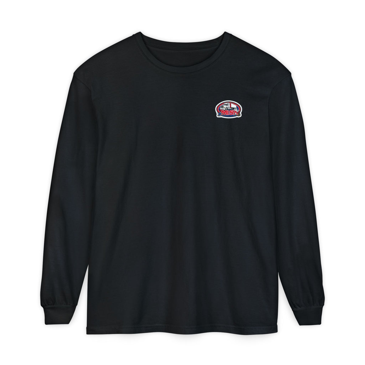 Black long-sleeve humor T-shirt by Printify featuring "Sir, You Can't Park Here" funny slogan print.