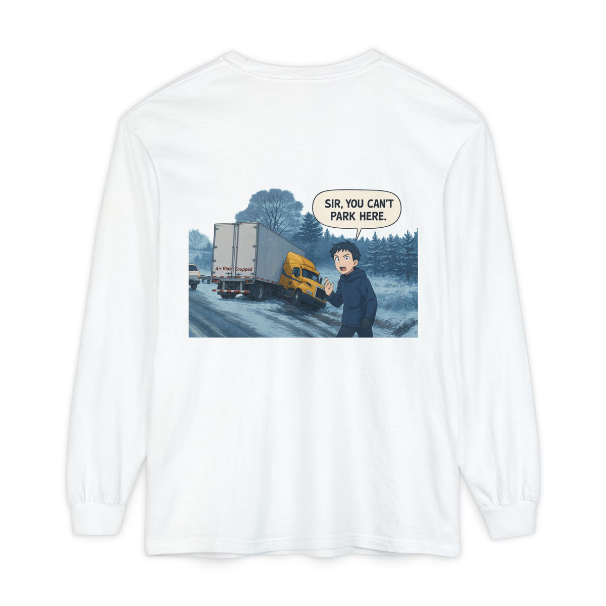 Black long-sleeve humor T-shirt by Printify with the phrase "Sir, You Can't Park Here" printed on the front.