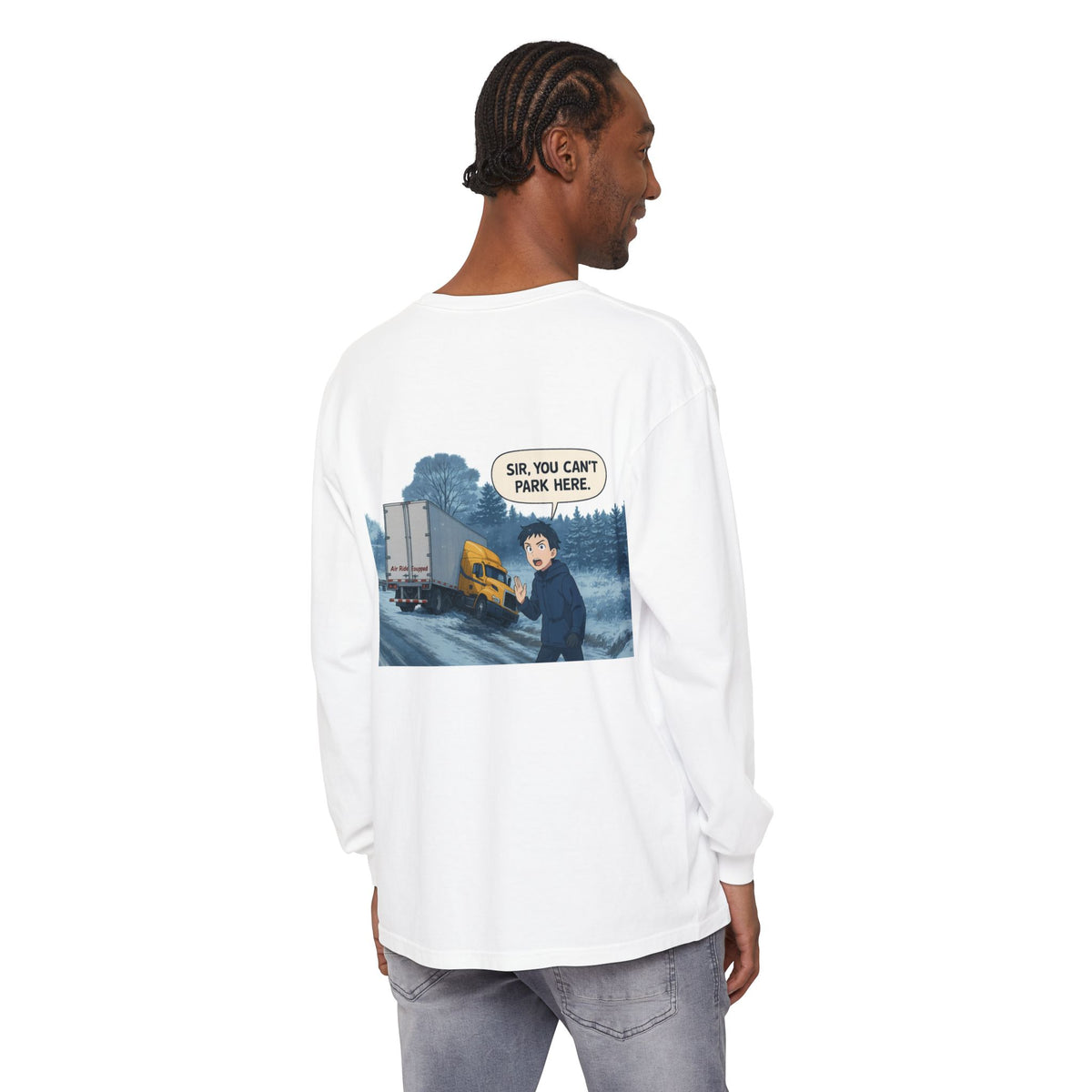 Black long-sleeve T-shirt with humorous "Sir, You Can't Park Here" print, by Printify, casual men's or women's graphic tee.