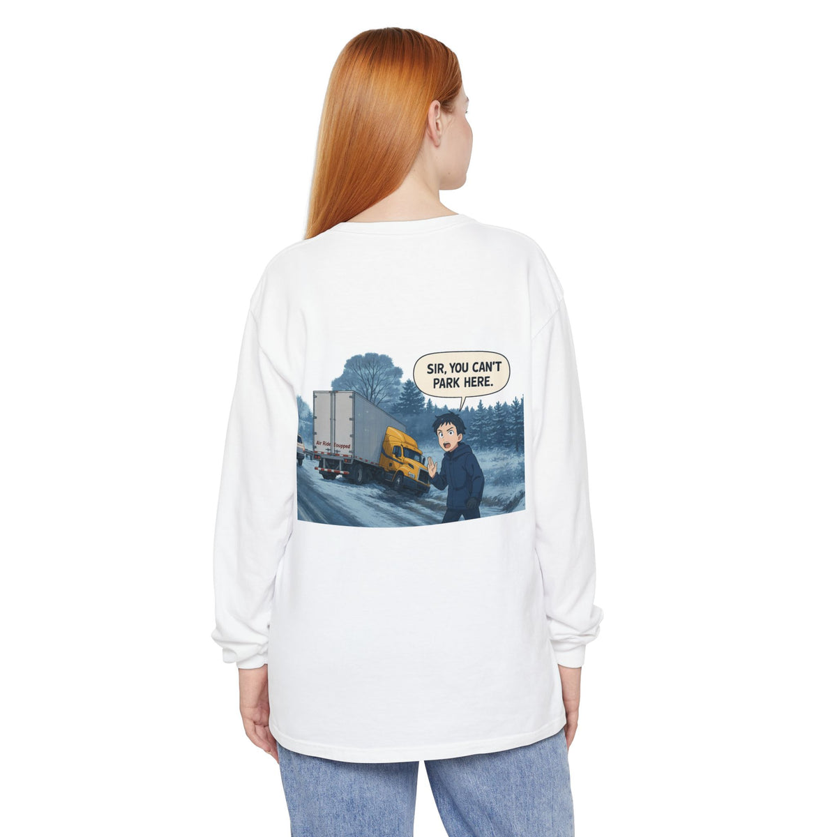 Black long sleeve T-shirt by Printify featuring humorous "Sir, You Can't Park Here" slogan print.