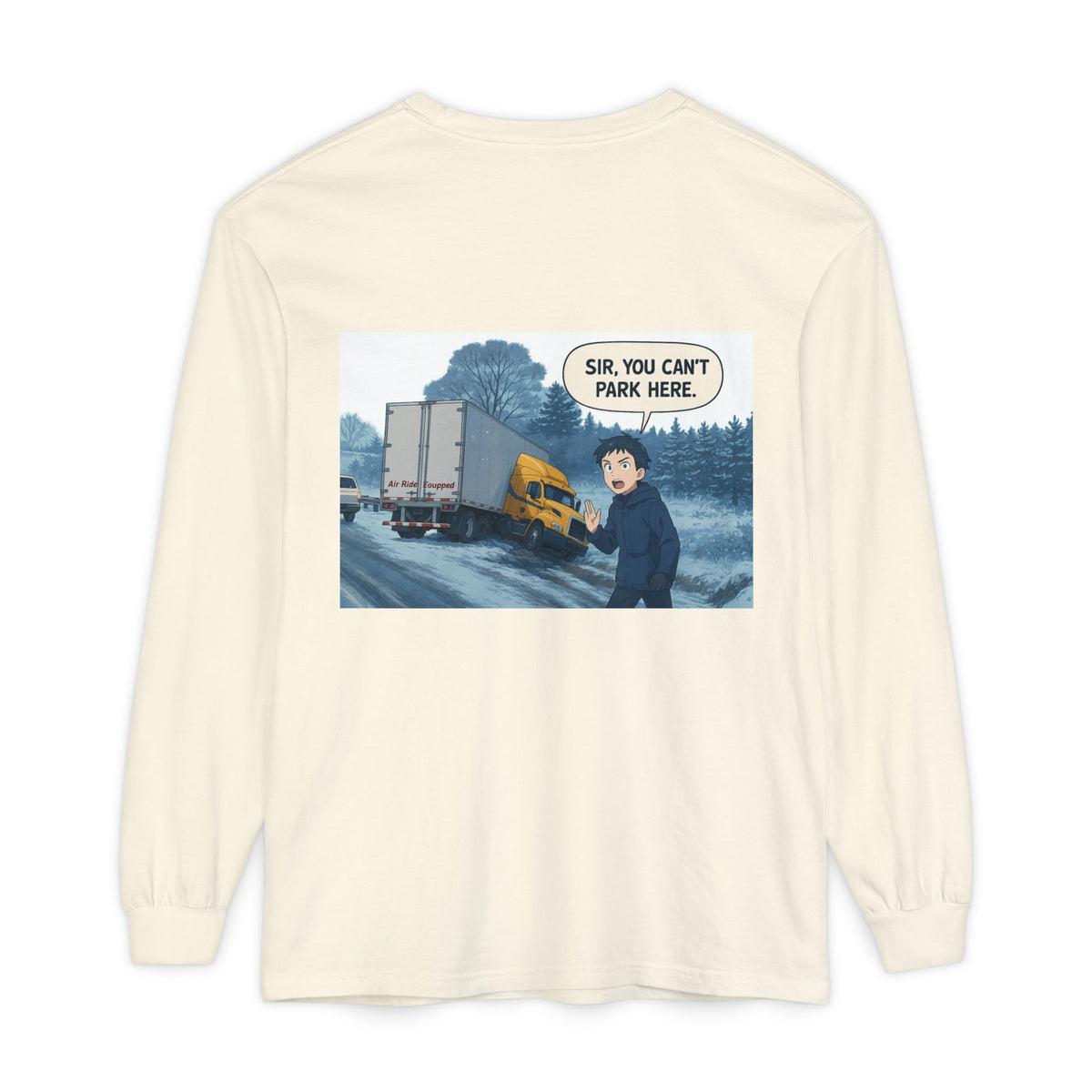 Black long sleeve T-shirt by Printify featuring humorous "Sir, You Can't Park Here" print, casual and funny men's apparel.