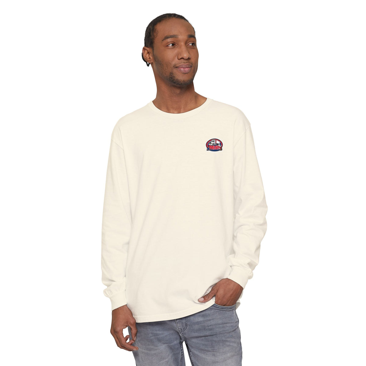Black long-sleeve humor T-shirt by Printify with "Sir, You Can't Park Here" funny slogan printed on the front.