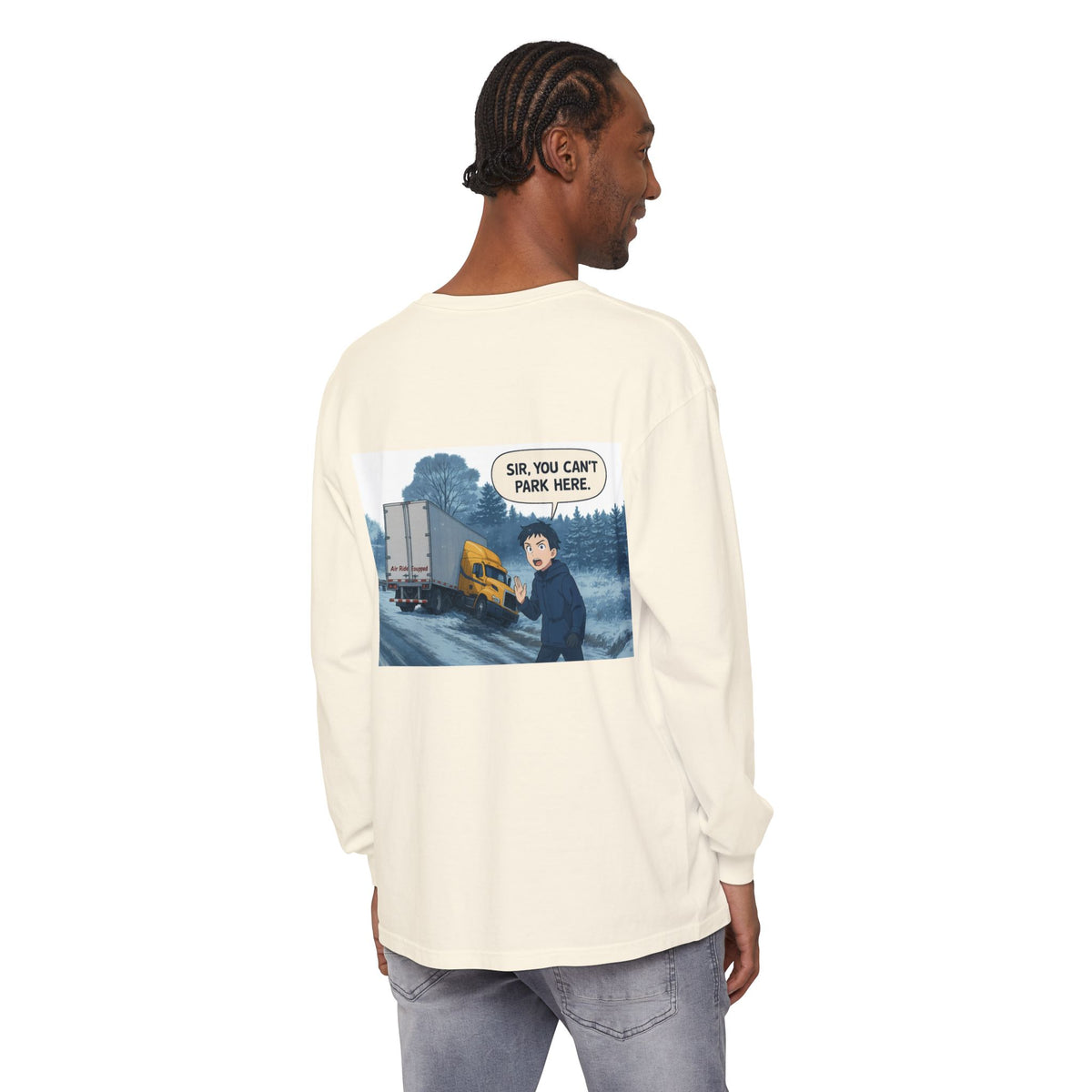 Black long sleeve T-shirt from Printify with humorous "Sir, You Can't Park Here" print, casual and comfortable men's apparel.