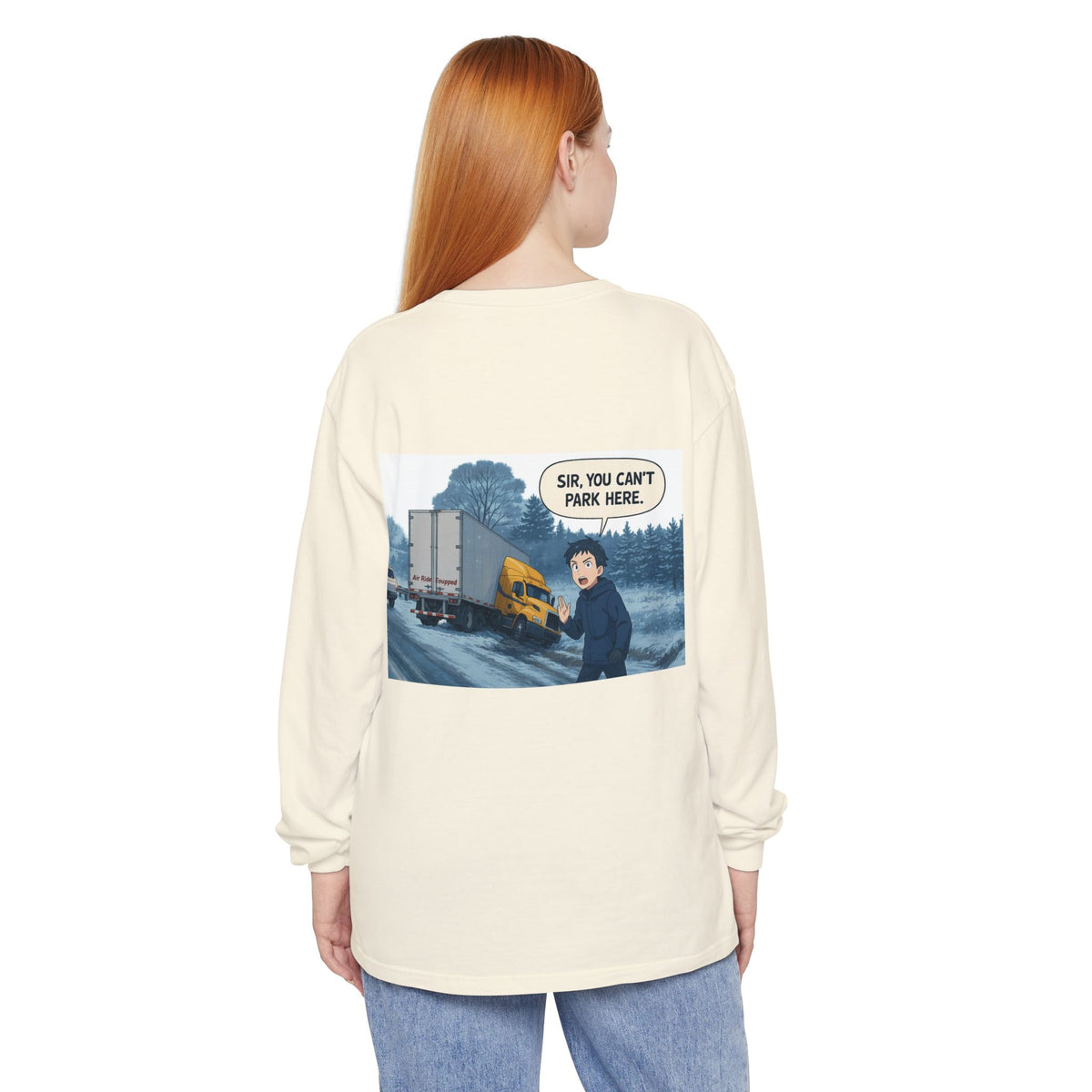 Black long-sleeve T-shirt by Printify featuring humorous "Sir, You Can't Park Here" slogan, casual and funny graphic design.