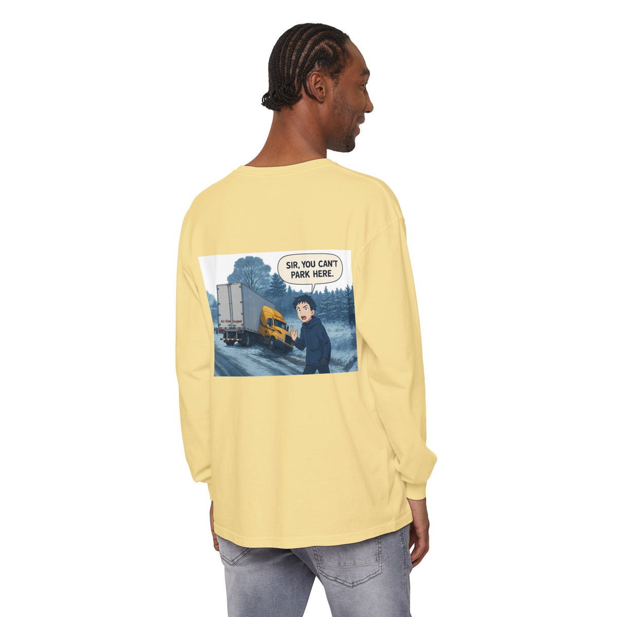 Black Printify long-sleeve humor T-shirt with "Sir, You Can't Park Here" funny slogan printed on the front.