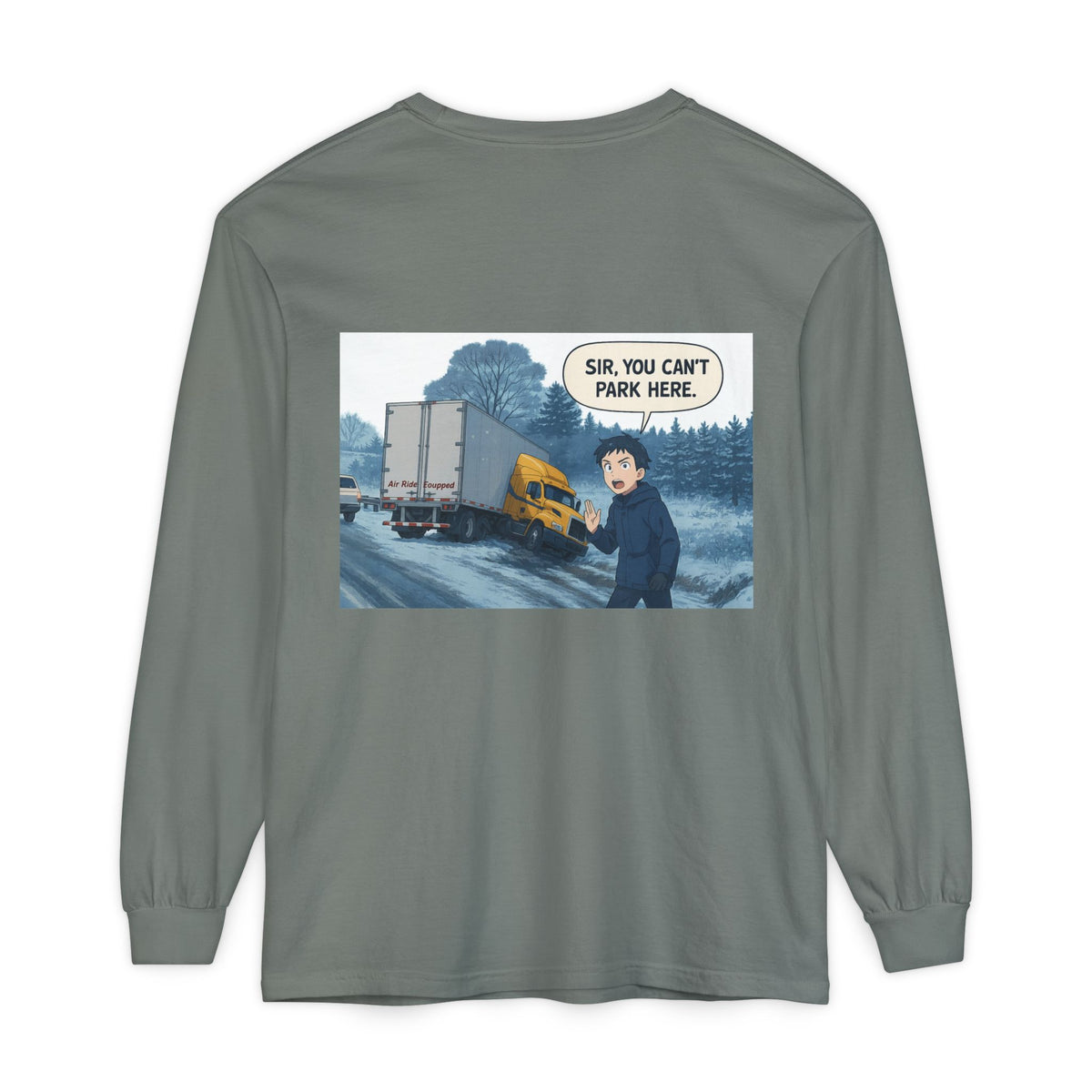 Black Printify long-sleeve T-shirt with humorous "Sir, You Can't Park Here" slogan, casual unisex design.