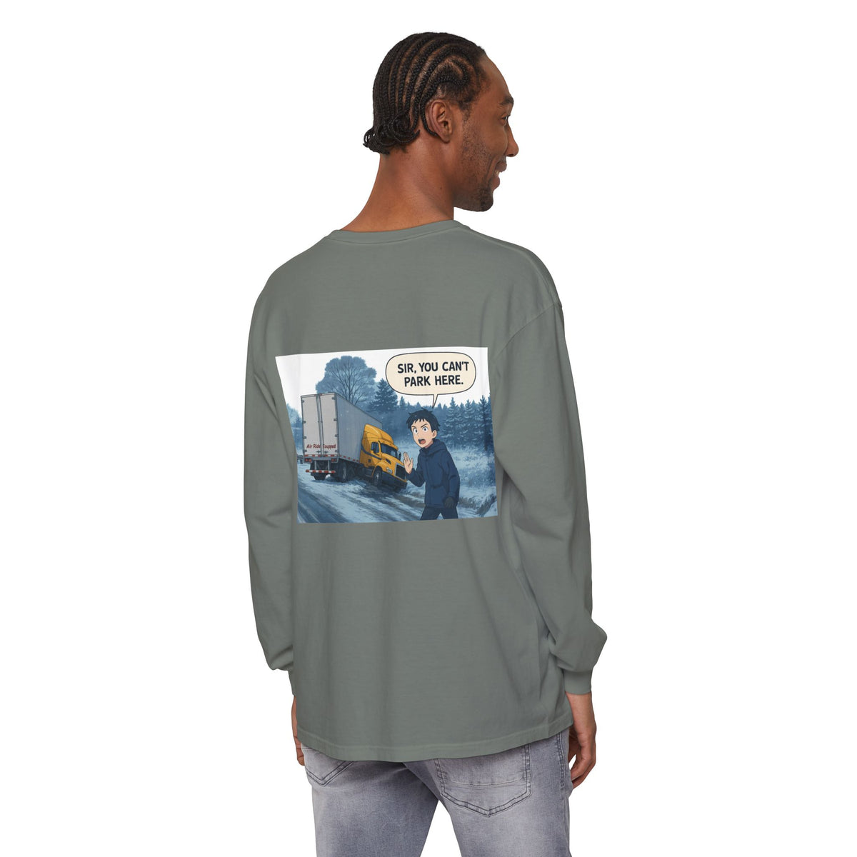 Black Printify long-sleeve T-shirt with humorous "Sir, You Can't Park Here" slogan, casual men's or women's apparel.