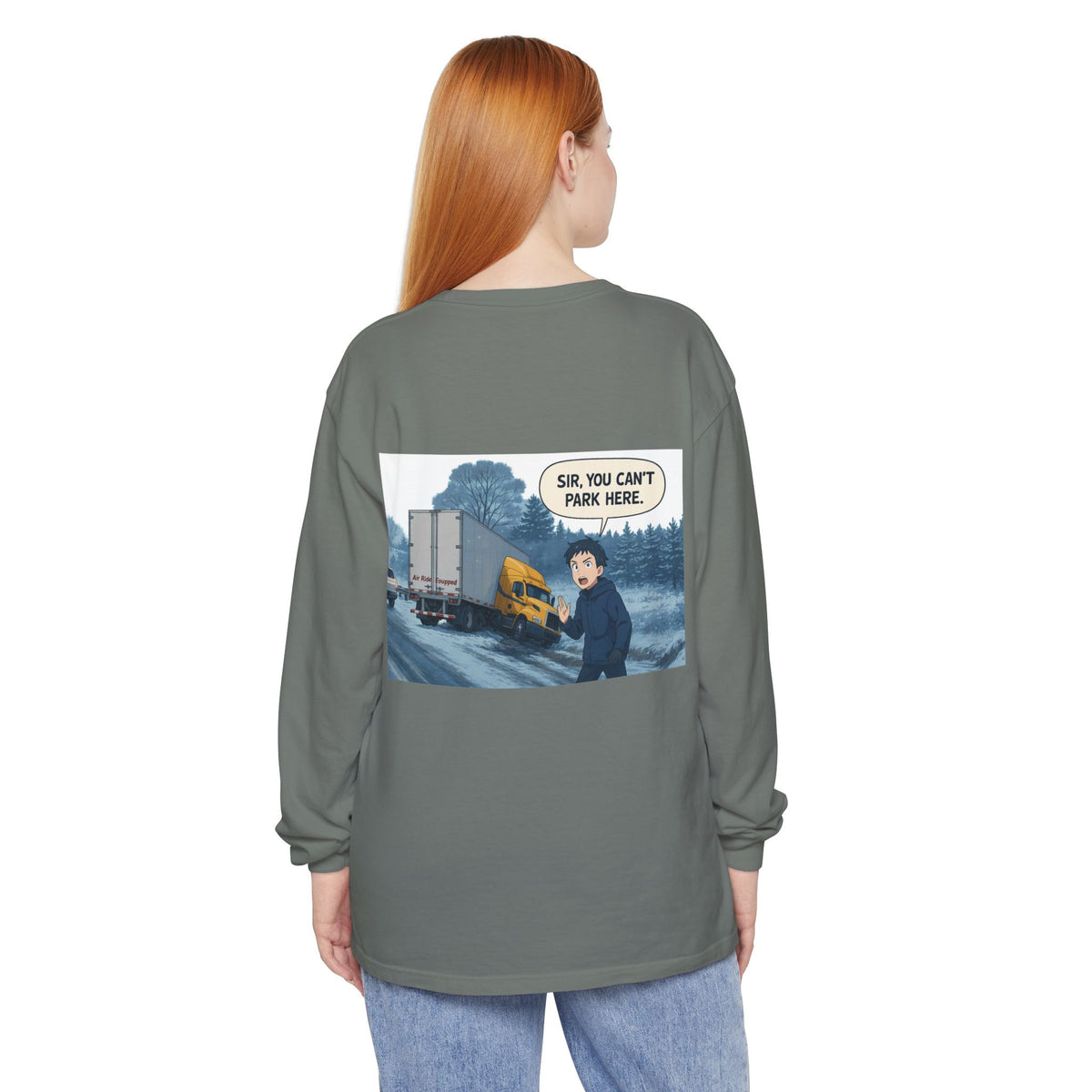 Black Printify long-sleeve T-shirt with humorous "Sir, You Can't Park Here" print, casual and witty men's shirt.