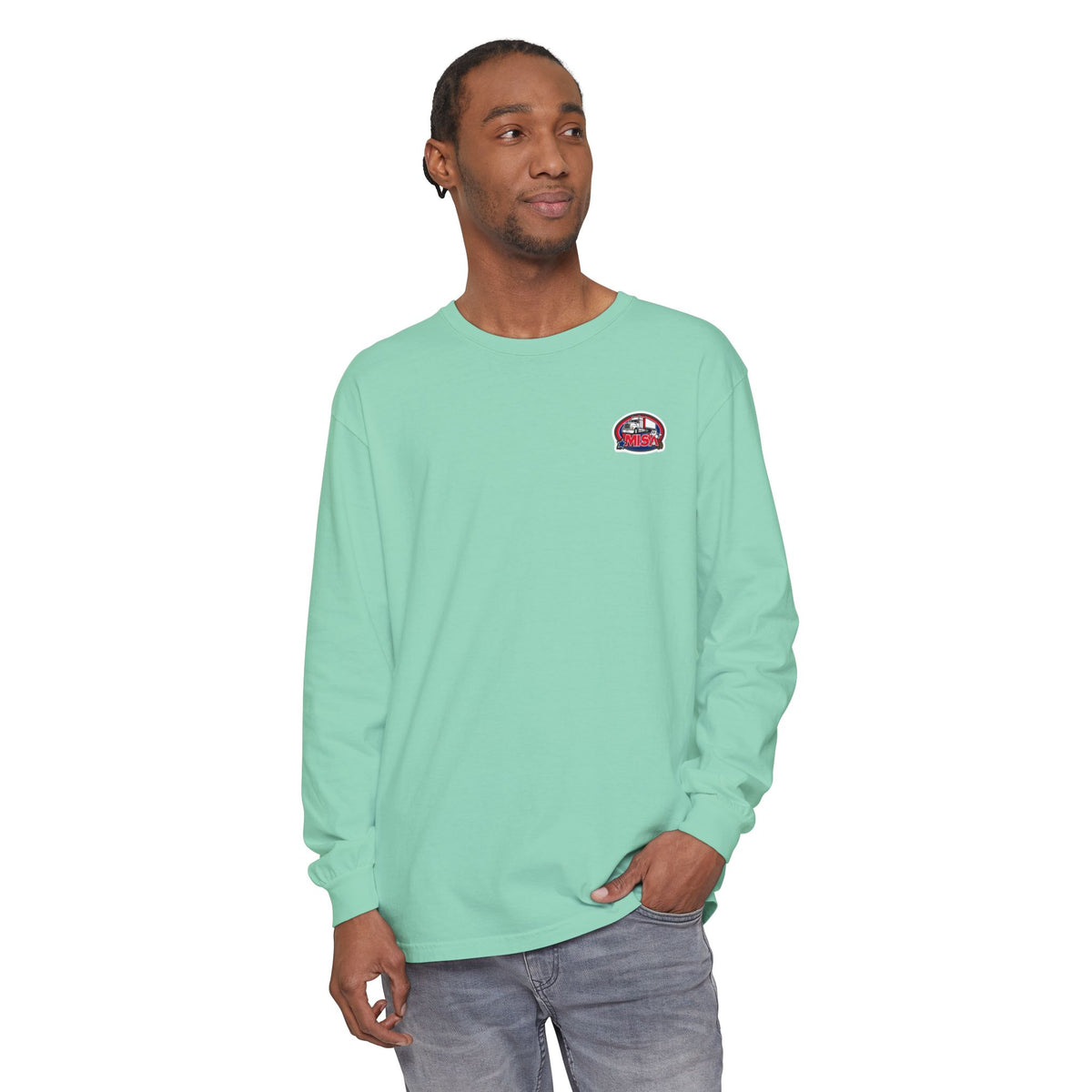 Black long-sleeve humor T-shirt by Printify with the text "Sir, You Can't Park Here" printed on the front.