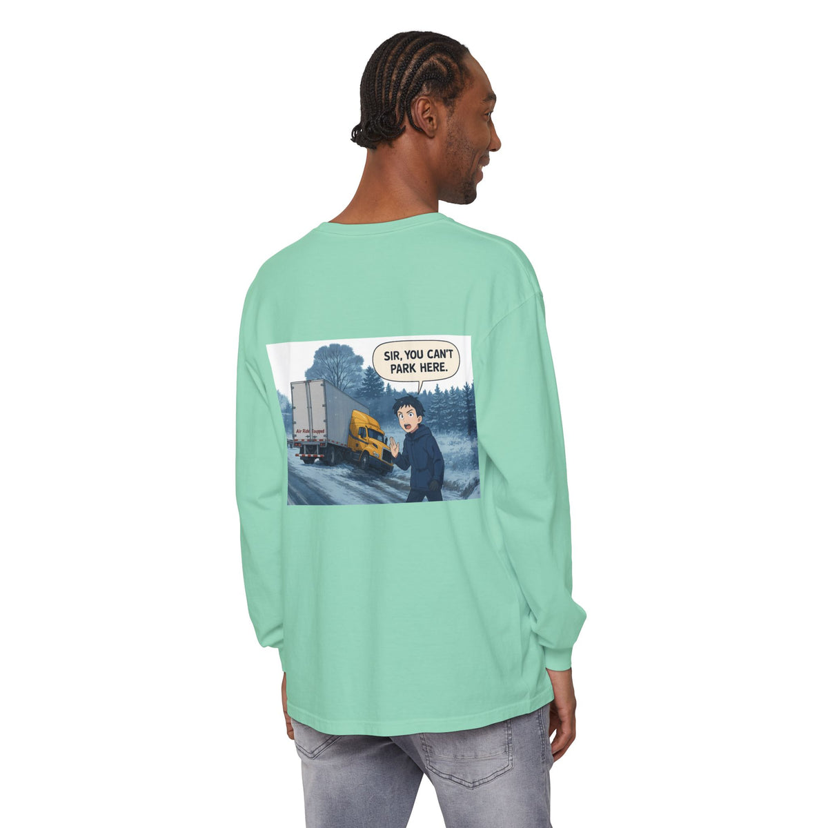 Black long-sleeve humor T-shirt by Printify with "Sir, You Can't Park Here" funny text, casual and comfortable for everyday wear.