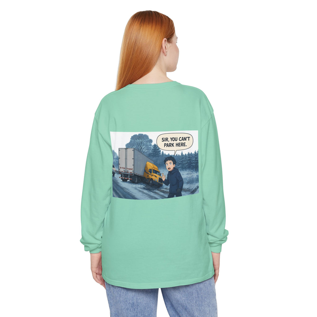 Black long-sleeve T-shirt by Printify featuring humorous "Sir, You Can't Park Here" slogan print.