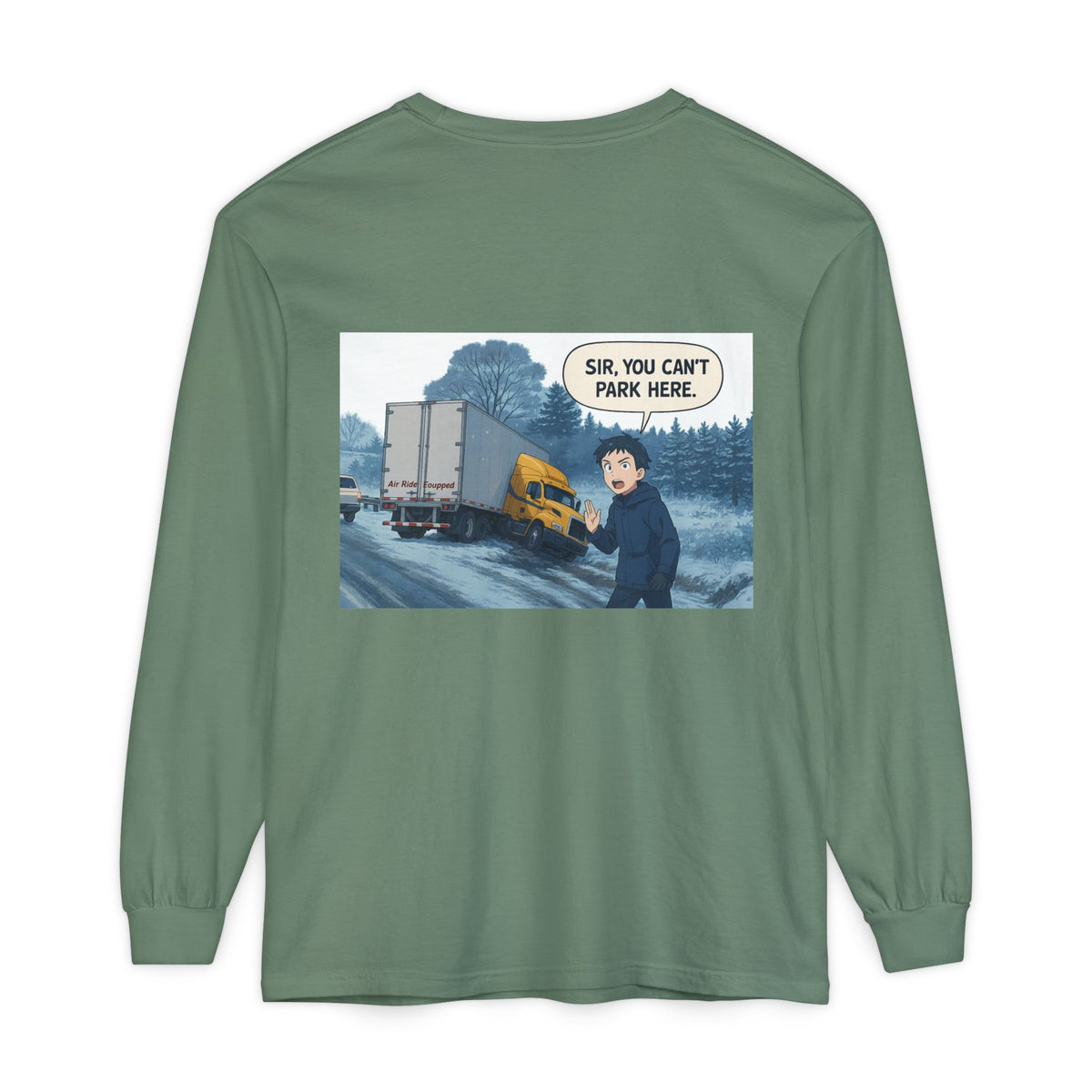 Black Printify long-sleeve T-shirt featuring humorous "Sir, You Can't Park Here" text, casual and fun men's apparel.