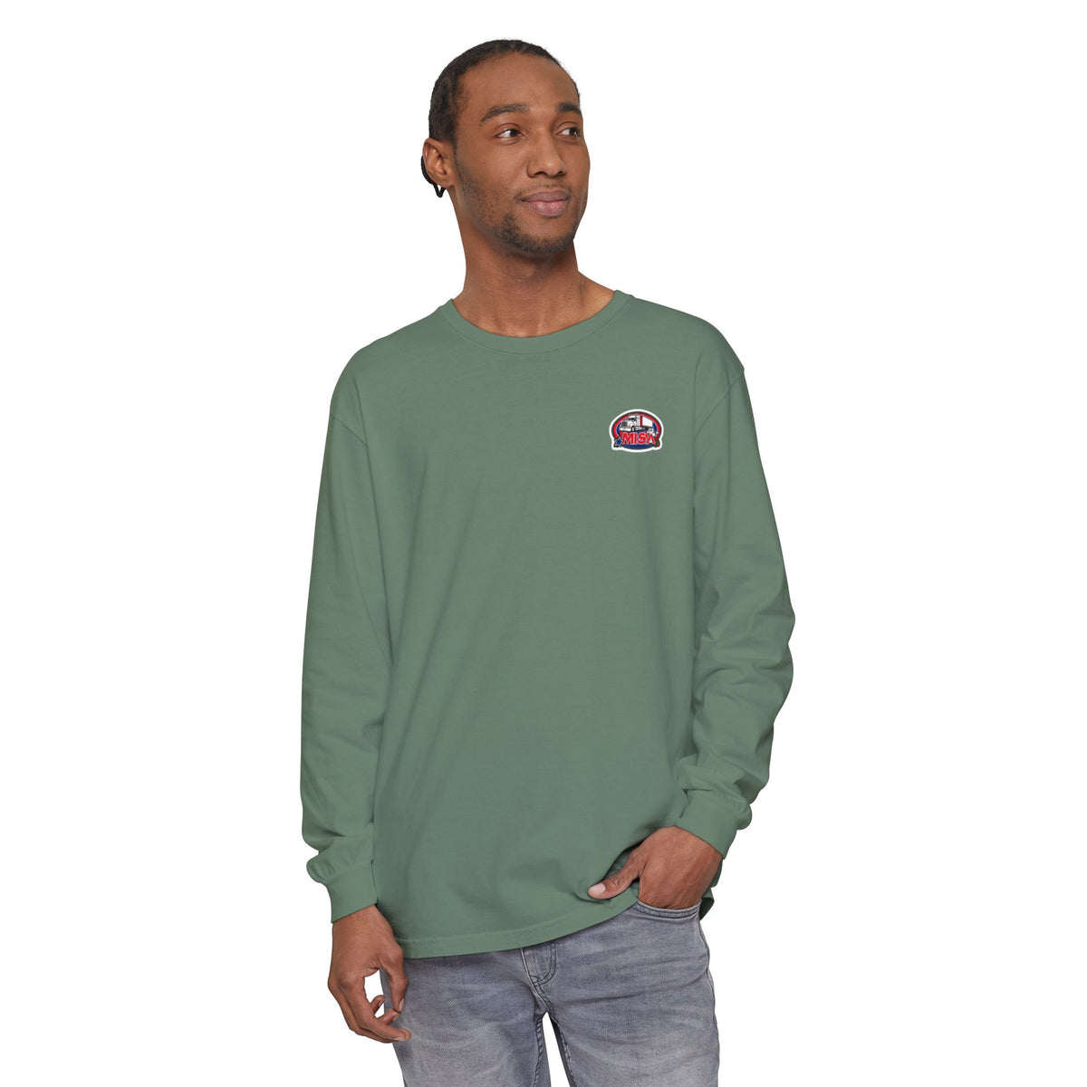 Black Printify long-sleeve T-shirt with humorous "Sir, You Can't Park Here" slogan printed on the front.
