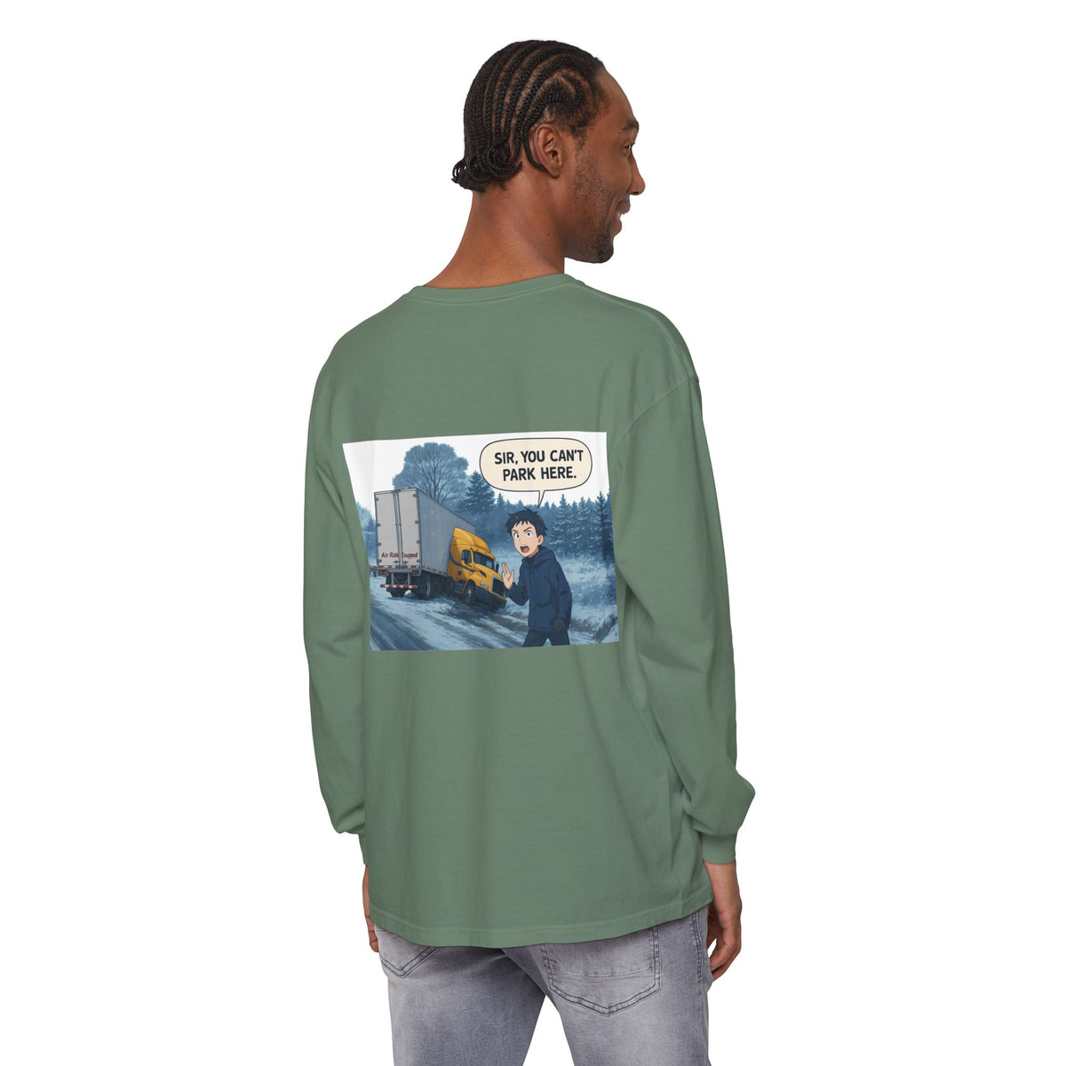 Black long-sleeve T-shirt from Printify with humorous "Sir, You Can't Park Here" slogan, casual and funny apparel for men.