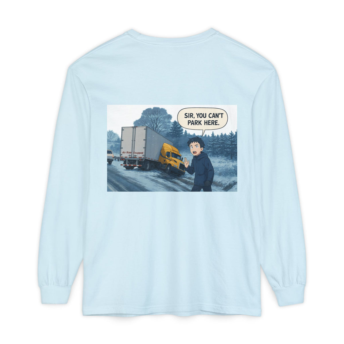 Black Printify long sleeve T-shirt with humorous "Sir, You Can't Park Here" slogan, featuring bold text and casual fit.