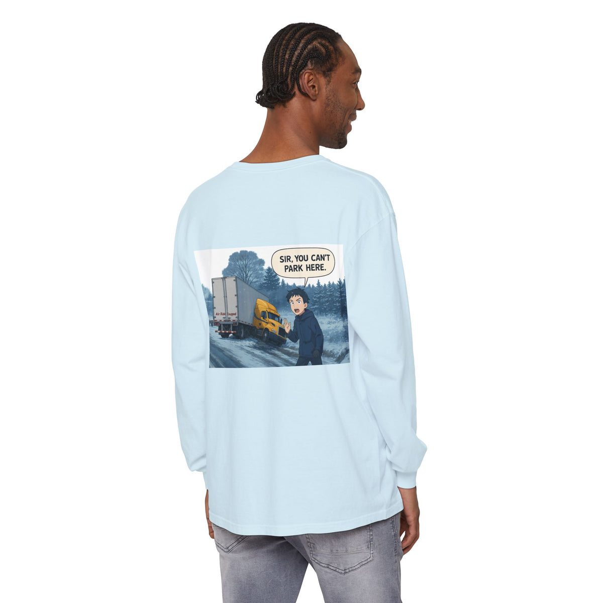 Black long-sleeve humor T-shirt from Printify featuring the humorous "Sir, You Can't Park Here" slogan.