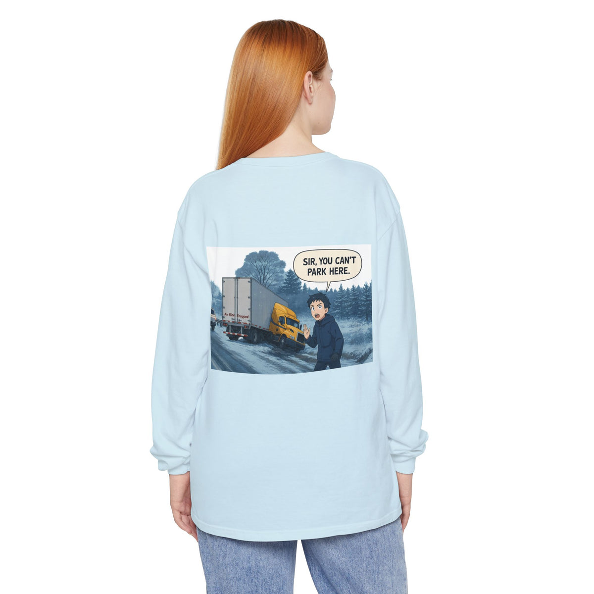 Black long sleeve T-shirt by Printify with humorous "Sir, You Can't Park Here" print, featuring a casual fit and funny design.