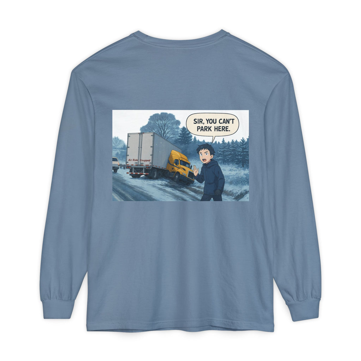 Black long-sleeve humor T-shirt by Printify with "Sir, You Can't Park Here" funny print on the front.