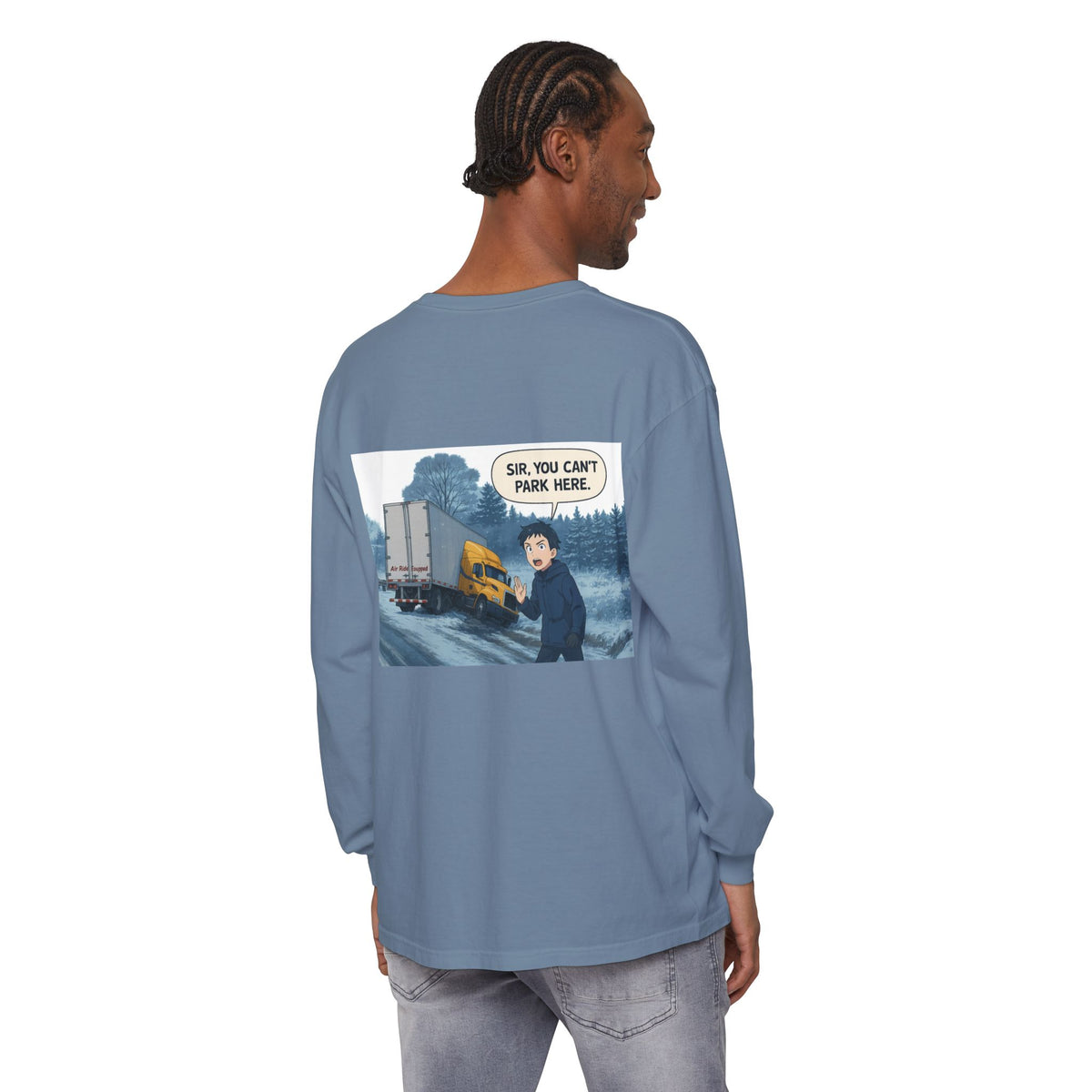 Black long-sleeve humor T-shirt by Printify with "Sir, You Can't Park Here" funny slogan on the front.