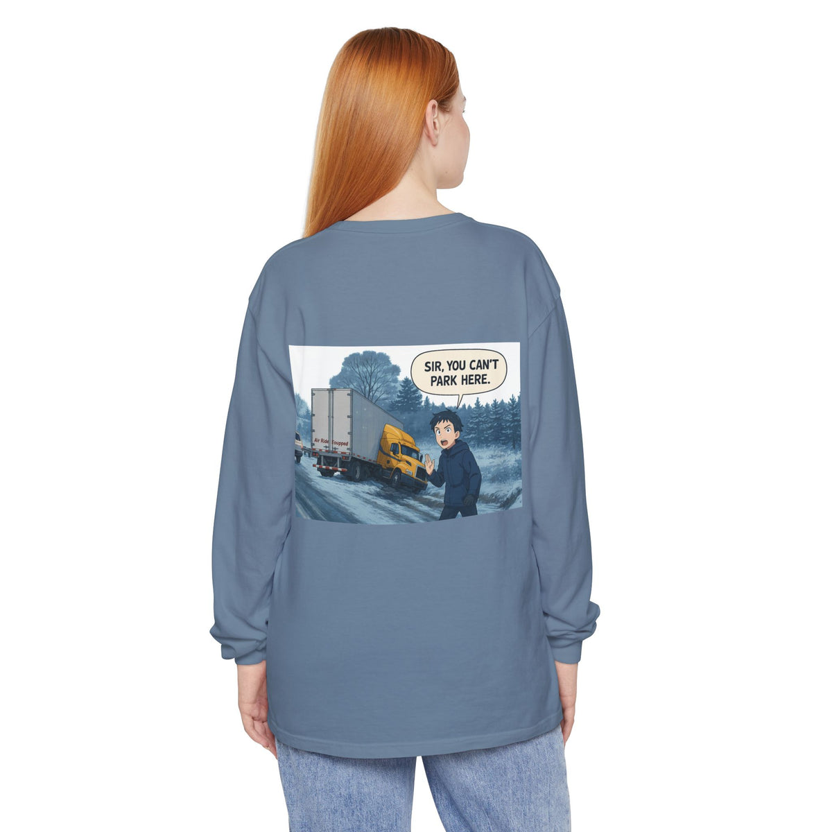 Black long-sleeve T-shirt by Printify featuring humorous "Sir, You Can't Park Here" slogan print.