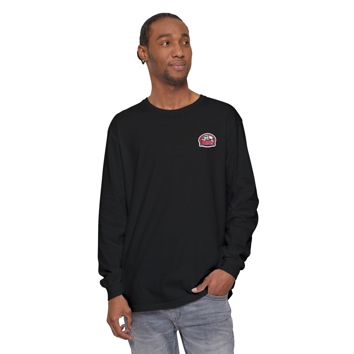 Black Printify long-sleeve T-shirt with humorous "Sir, You Can't Park Here" message, casual style and comfortable fit.