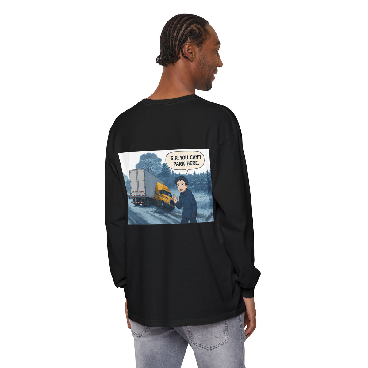 Black long-sleeve humor T-shirt by Printify with "Sir, You Can't Park Here" funny slogan on the front.