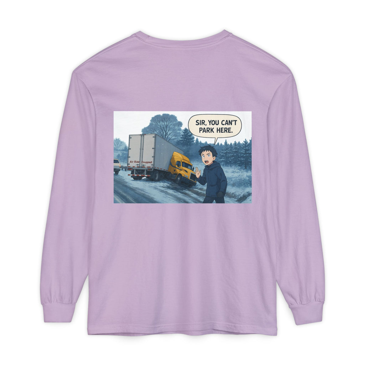 Black Printify long-sleeve T-shirt with humorous "Sir, You Can't Park Here" slogan in bold print.
