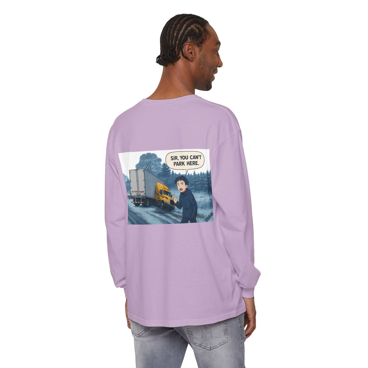 Black long sleeve T-shirt by Printify featuring humorous "Sir, You Can't Park Here" print, casual and funny apparel for men.