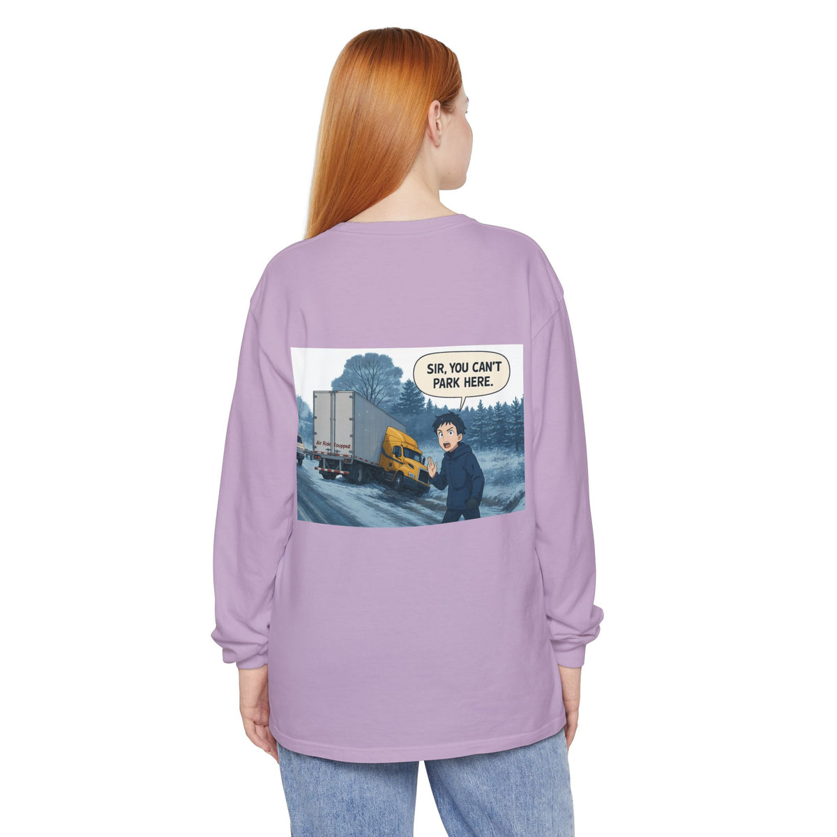 Black long-sleeve humorous T-shirt by Printify featuring the playful "Sir, You Can't Park Here" slogan.