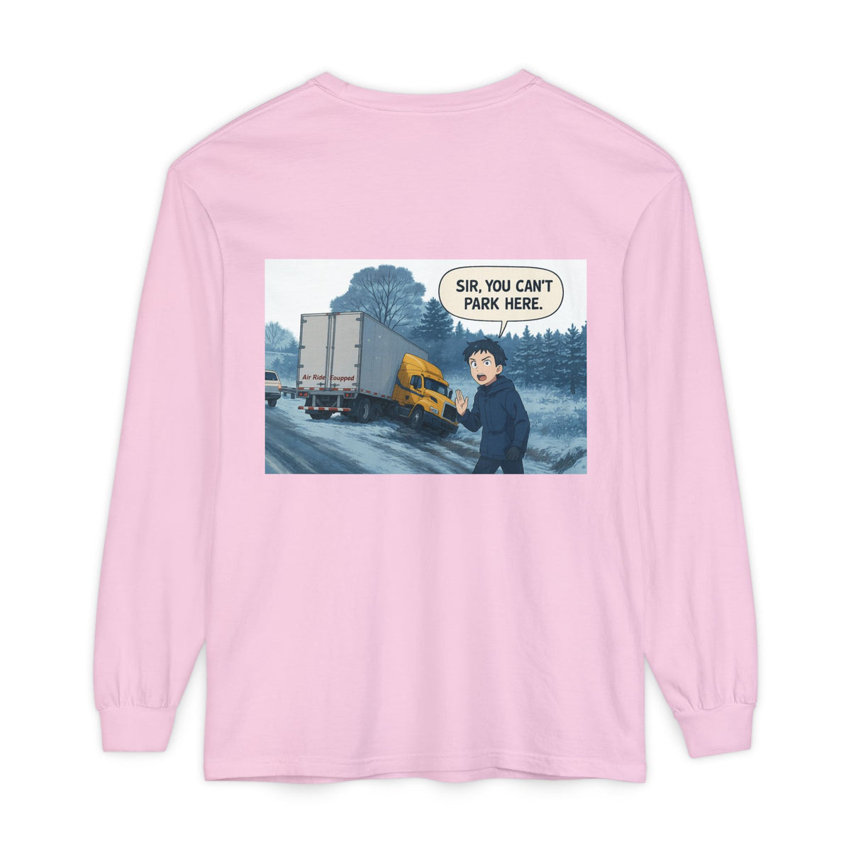 Black long-sleeve humor T-shirt by Printify with "Sir, You Can't Park Here" funny print on the front.