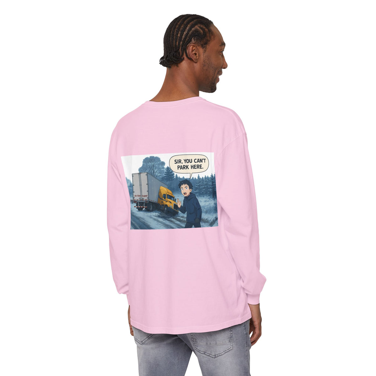 Black long-sleeve humor T-shirt by Printify with the slogan "Sir, You Can't Park Here" printed on the front.