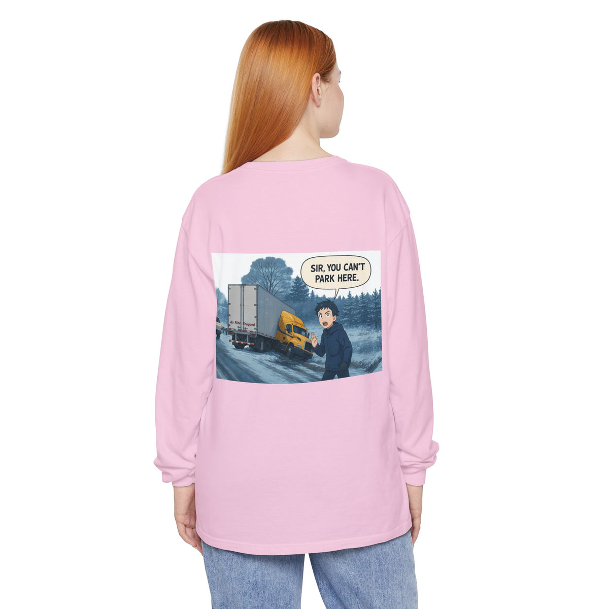 Black long-sleeve humor T-shirt by Printify featuring the funny "Sir, You Can't Park Here" slogan on the front.