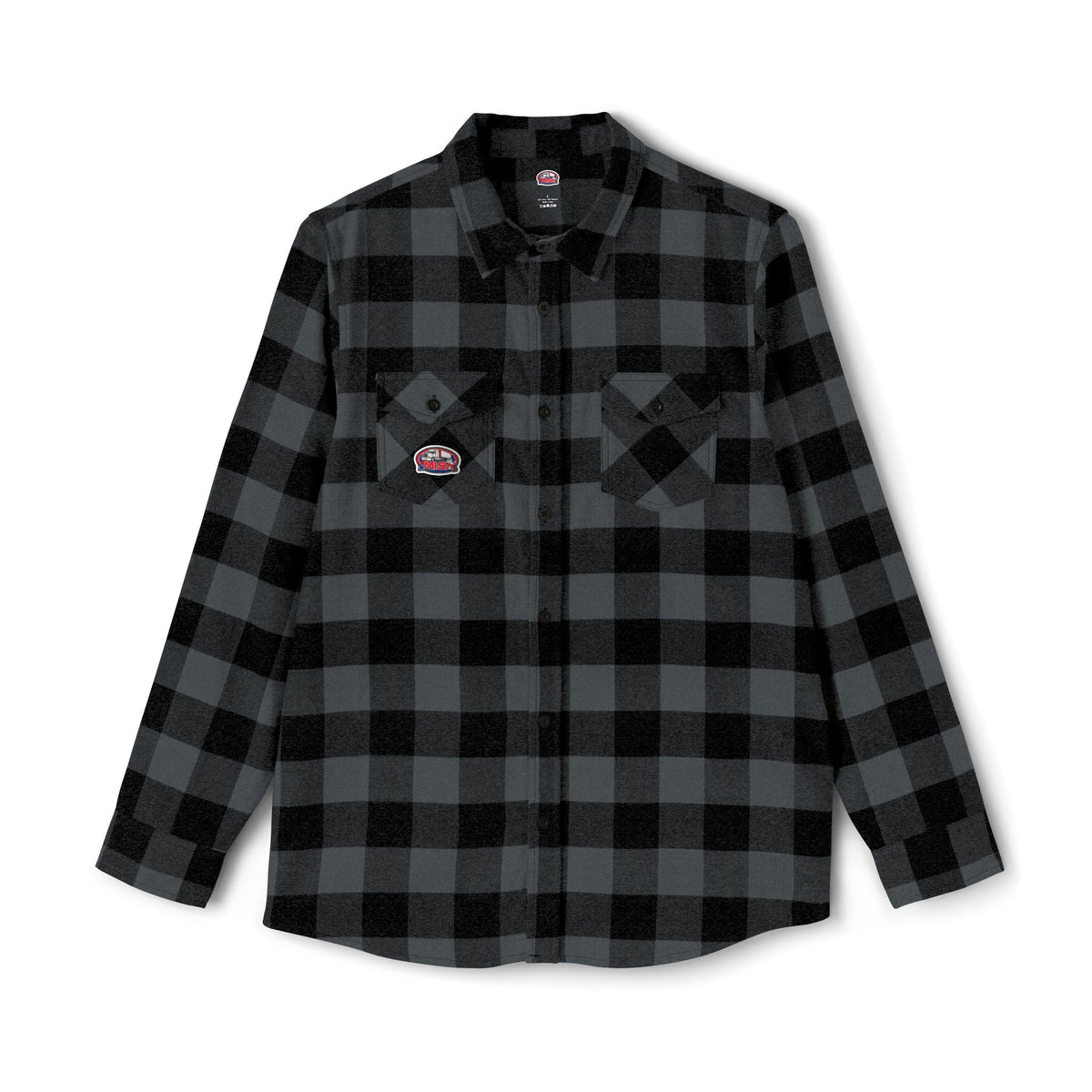 Unisex charcoal heather long-sleeve flannel shirt with humorous "Sir, You Can't Park Here" print by Printify.
