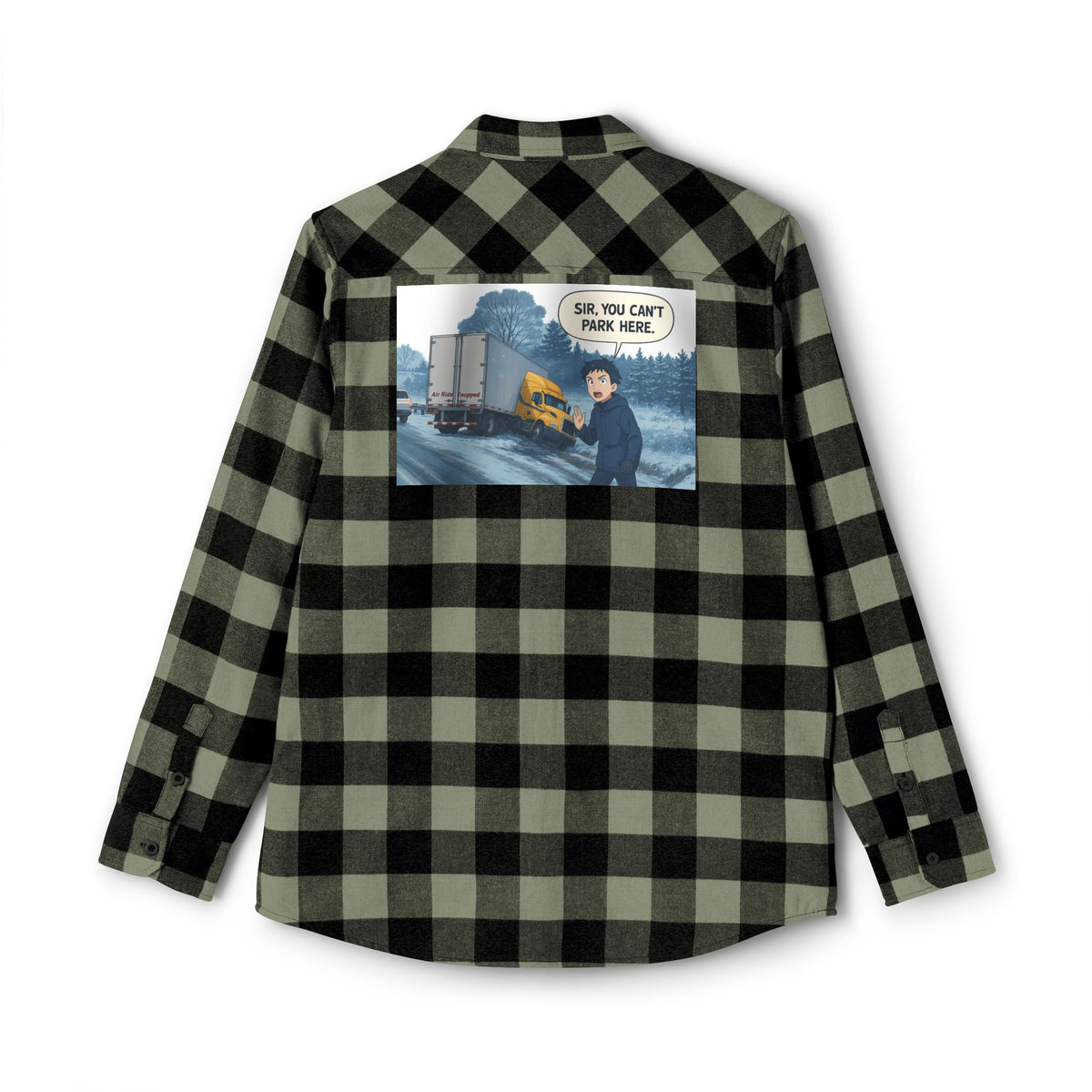 Unisex charcoal heather long-sleeve flannel shirt by Printify with humorous 'Sir, You Can't Park Here' design.