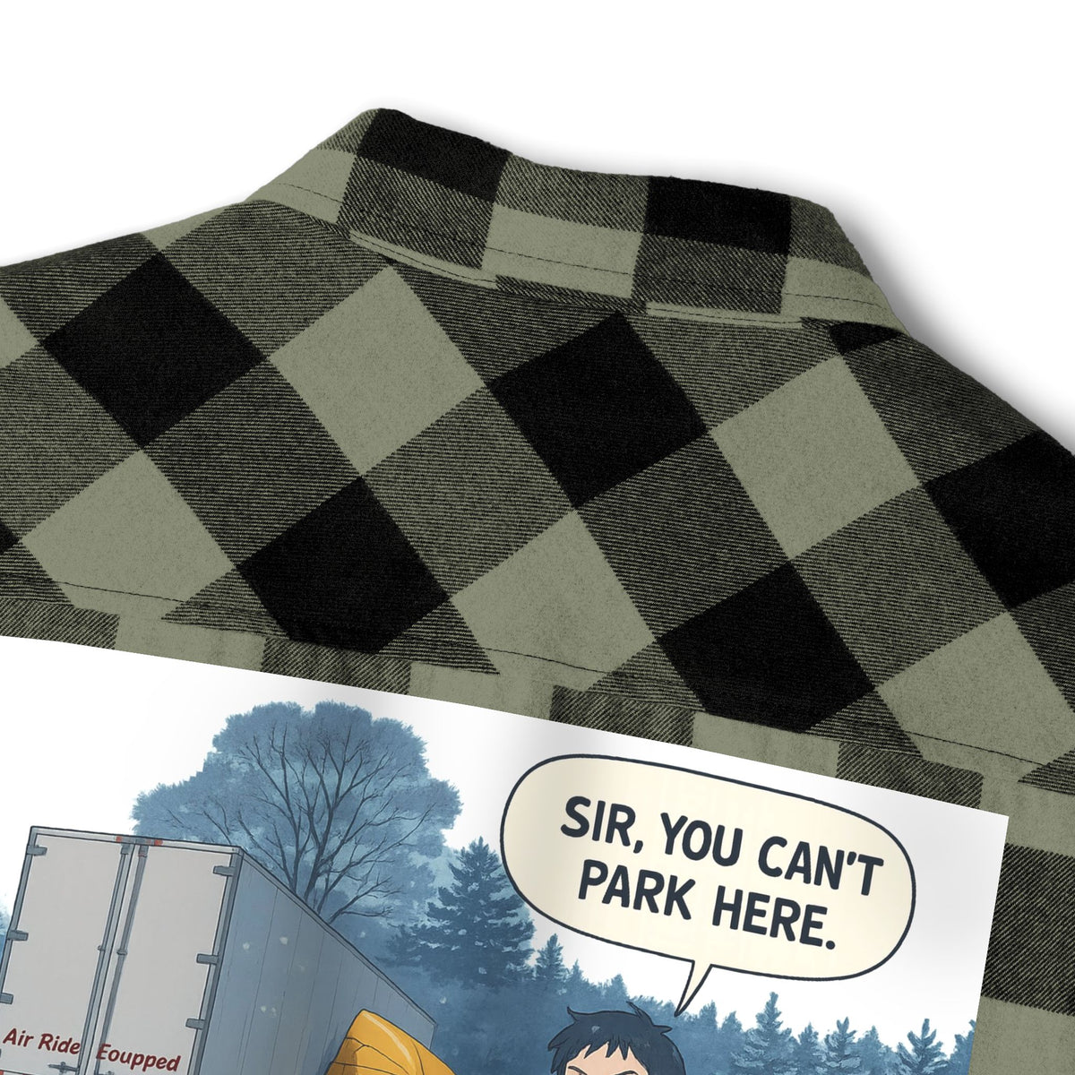 Unisex charcoal heather long-sleeve flannel shirt by Printify with humorous "Sir, You Can't Park Here" design.