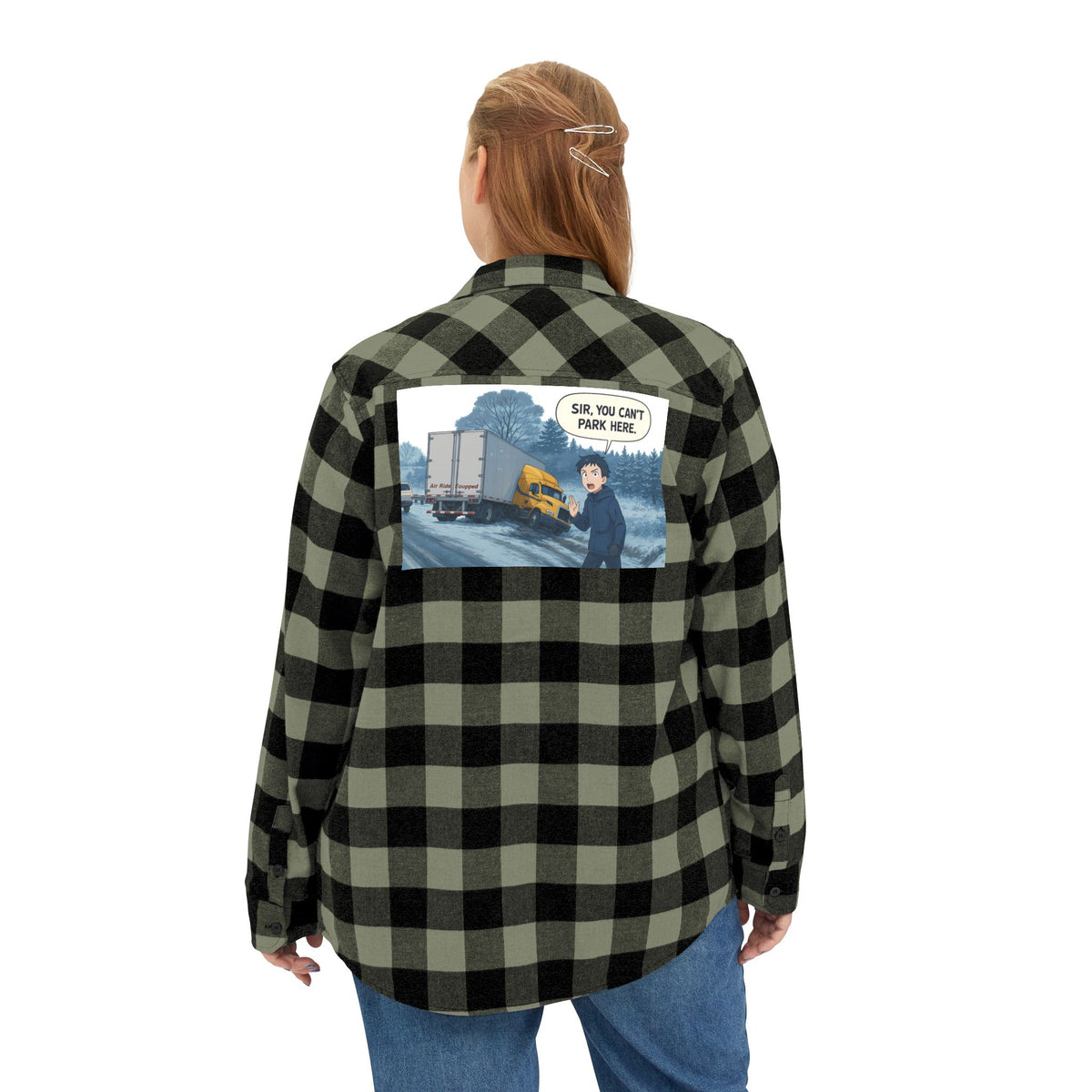 Unisex charcoal heather long-sleeve flannel shirt by Printify with humorous "Sir, You Can't Park Here" design.