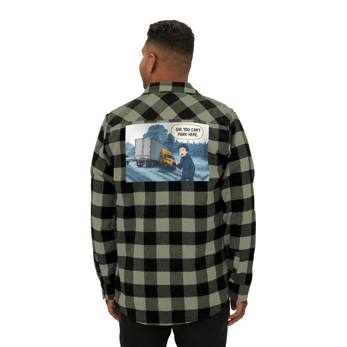 Unisex charcoal heather long-sleeve flannel shirt with humorous "Sir, You Can't Park Here" print by Printify.