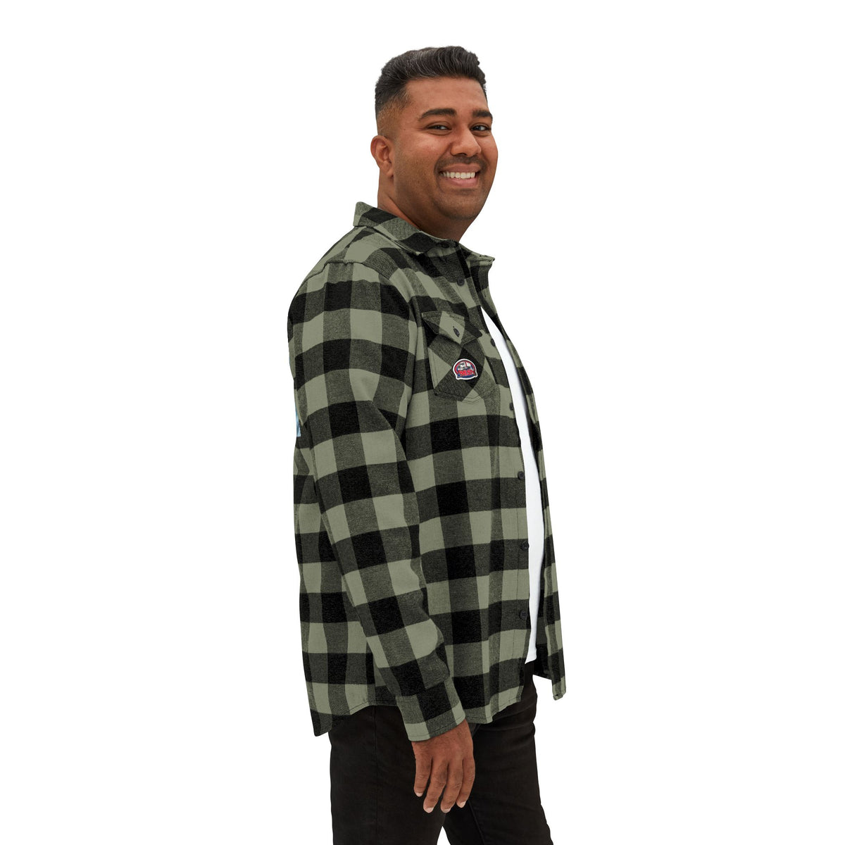 Unisex charcoal heather long-sleeve flannel shirt by Printify with humorous "Sir, You Can't Park Here" design.