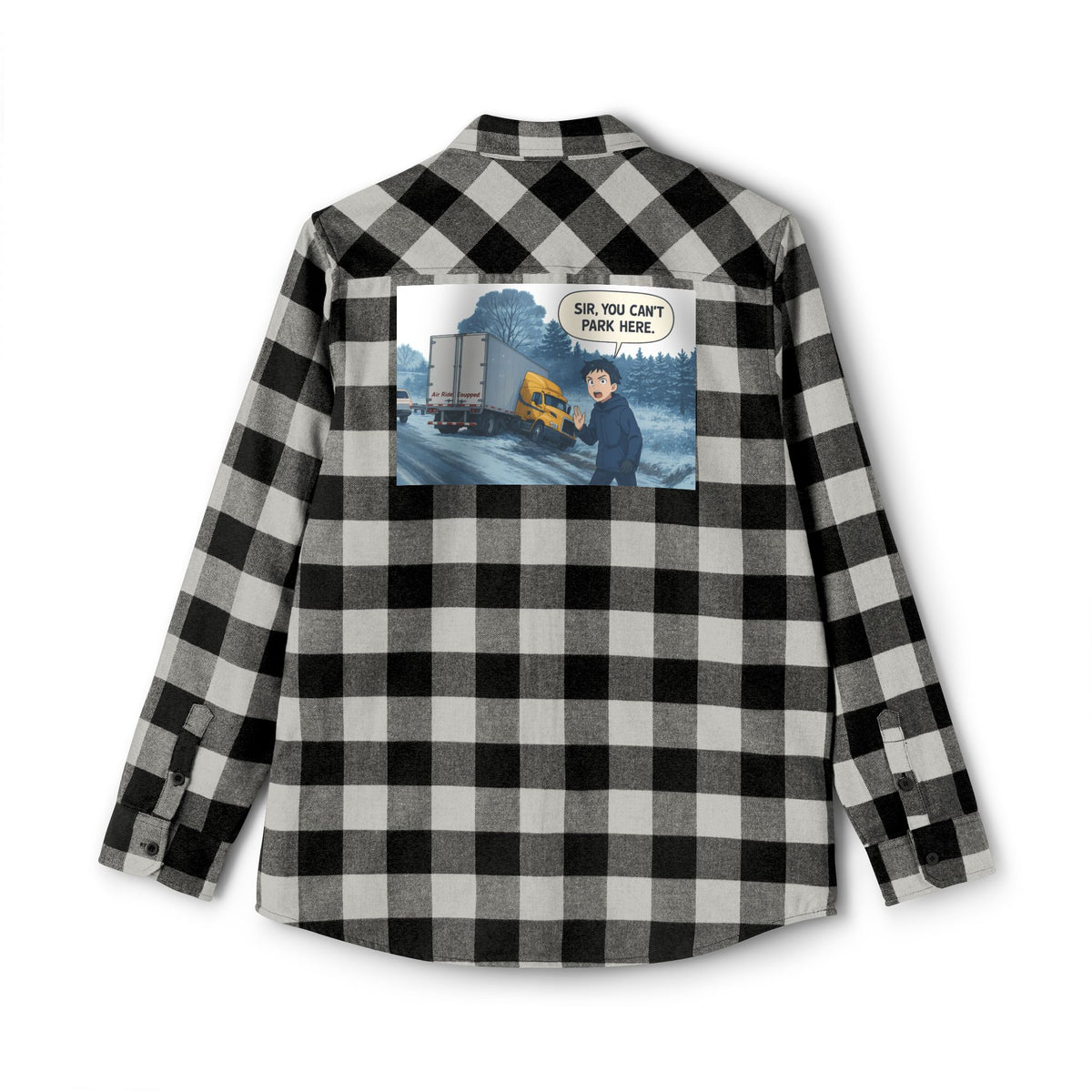 Unisex charcoal heather flannel shirt with humorous "Sir, You Can't Park Here" print, long-sleeve design by Printify.