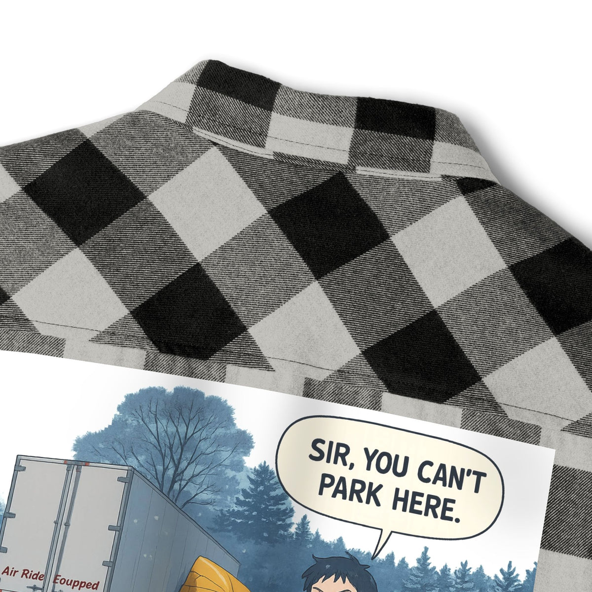 Unisex charcoal heather long-sleeve flannel shirt with humorous "Sir, You Can't Park Here" print by Printify.