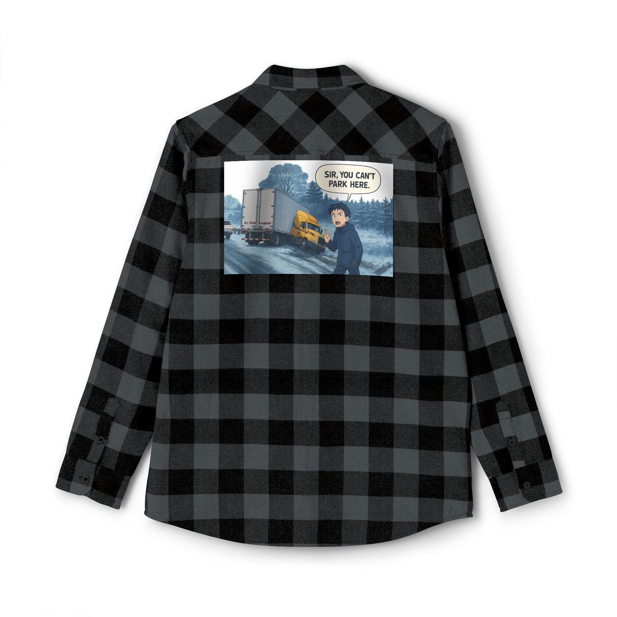 Unisex charcoal gray long-sleeve flannel shirt by Printify featuring humorous "Sir, You Can't Park Here" design.