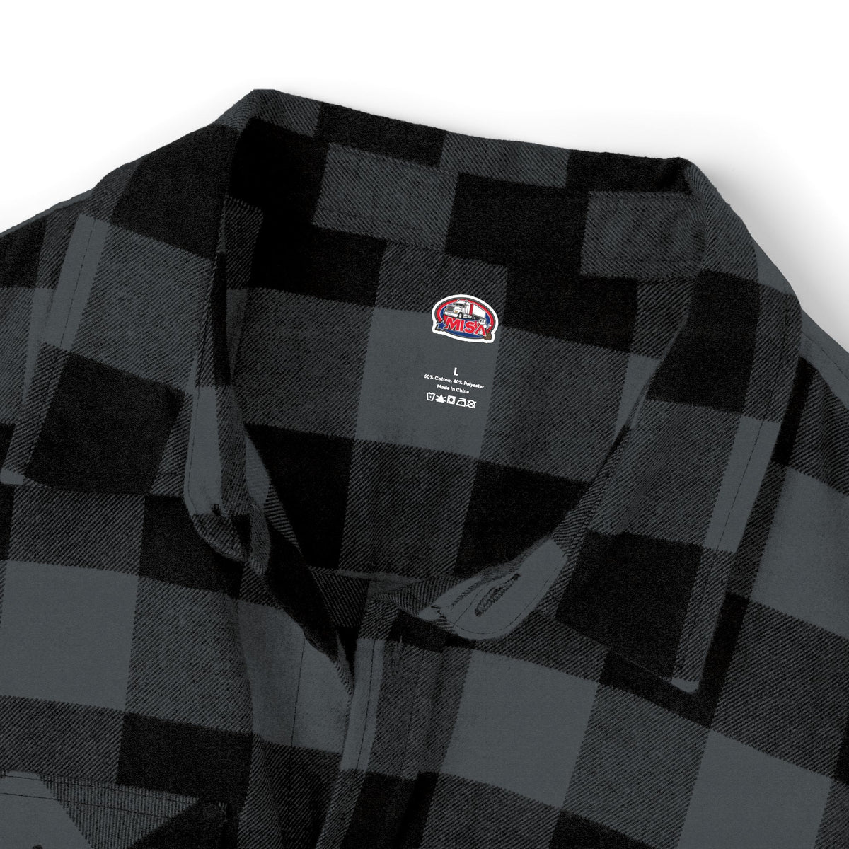 Unisex charcoal heather long-sleeve flannel shirt by Printify with humorous 'Sir, You Can't Park Here' design.