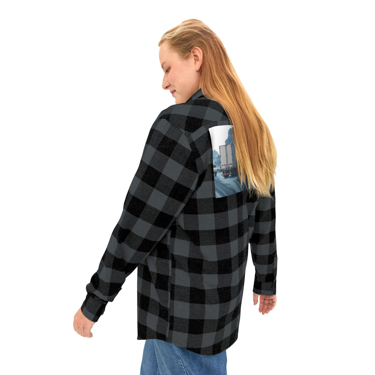 Unisex charcoal heather long-sleeve flannel shirt by Printify with humorous "Sir, You Can't Park Here" design.