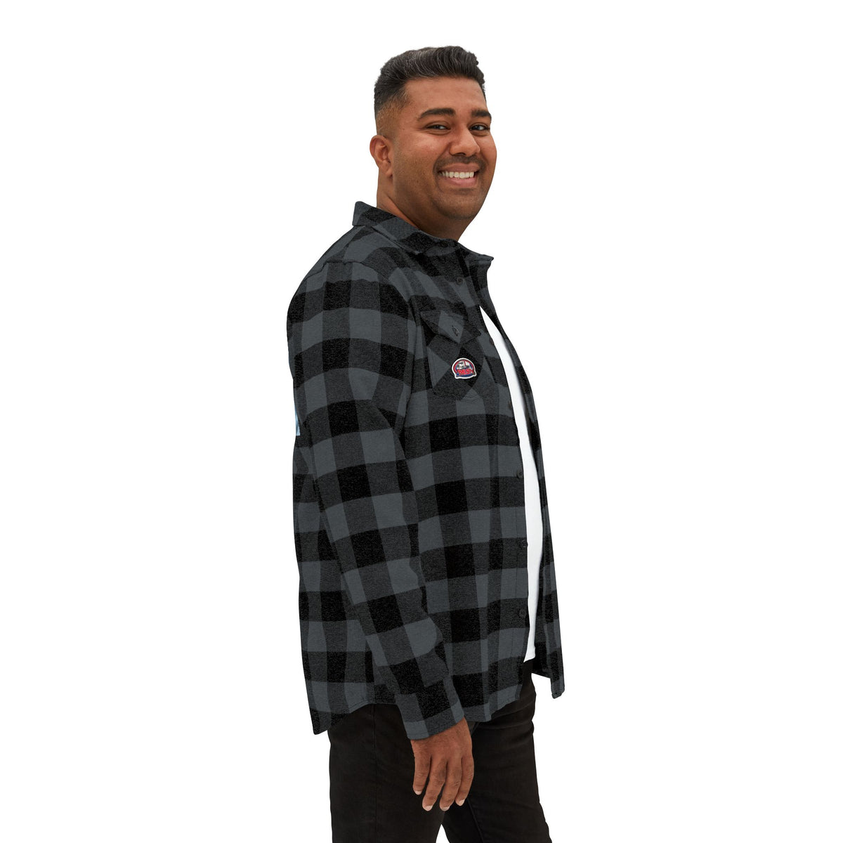 Unisex charcoal gray long-sleeve flannel shirt with humorous "Sir, You Can't Park Here" print by Printify.