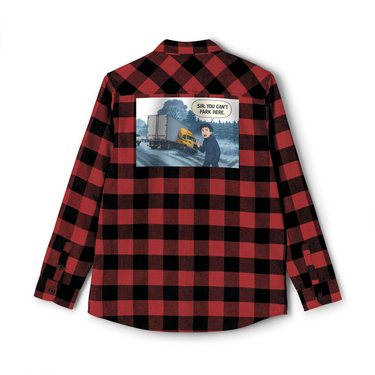 Unisex charcoal heather long-sleeve flannel shirt by Printify with humorous "Sir, You Can't Park Here" design.