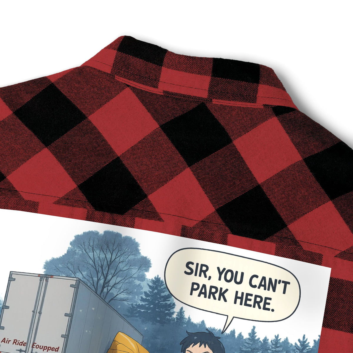 Unisex charcoal Heather black long-sleeve flannel shirt by Printify with humorous "Sir, You Can't Park Here" design.