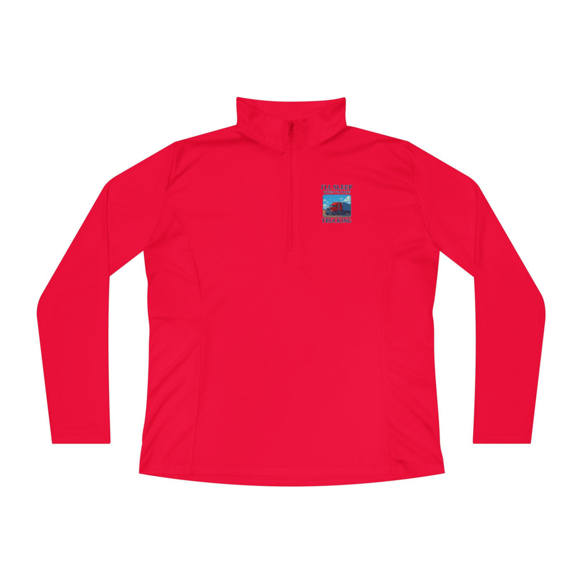 Ladies quarter-zip pullover by Printify, long-sleeve grey trucking apparel with "I'll Sleep When I'm Done" print.